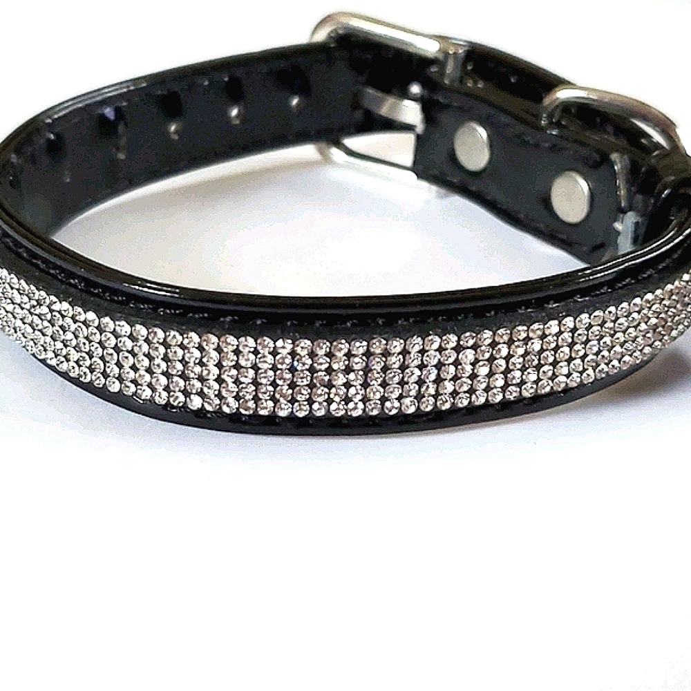 Dog Collar Faux Diamonds & Blk Patent Leather